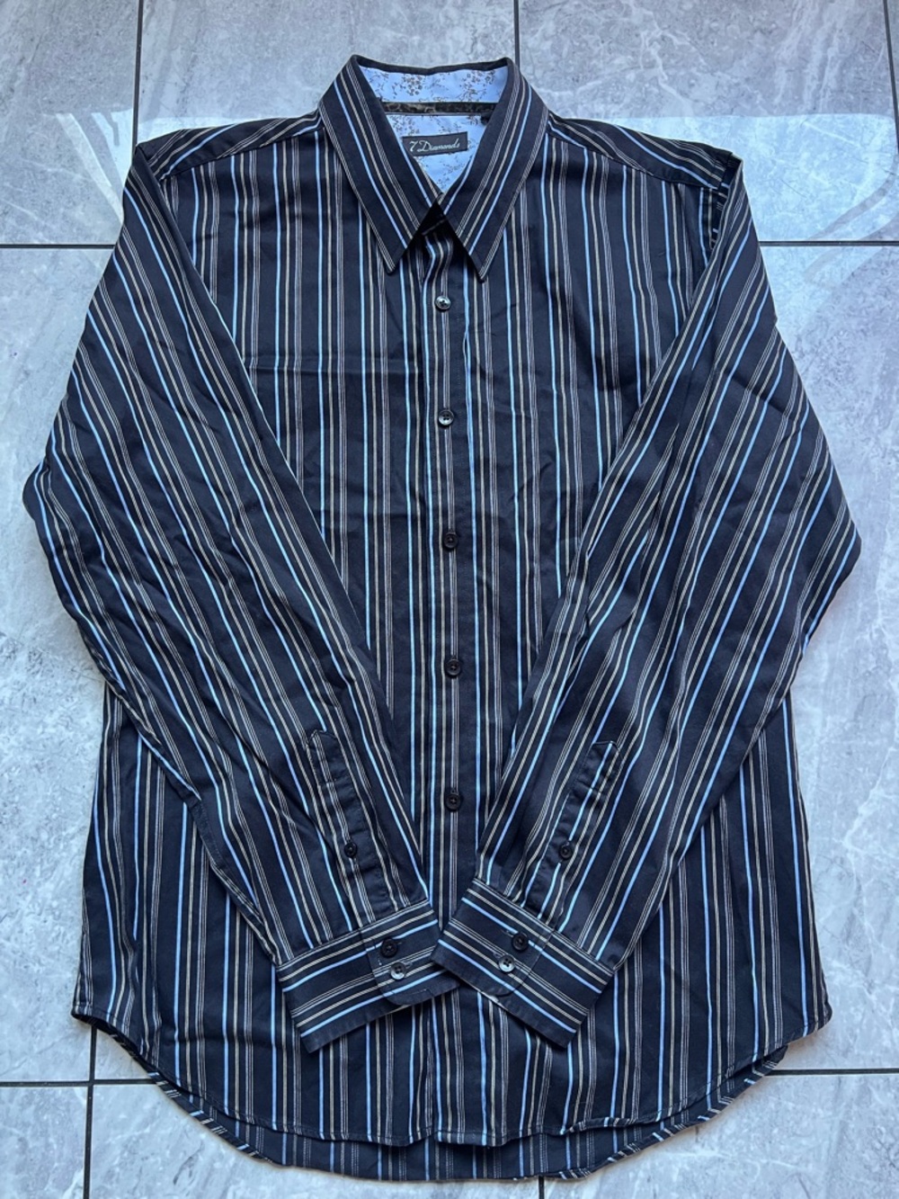 7 Diamonds Men's Black/Blue Striped Long Sleeve 100%Cotton Floral Trim Shirt L